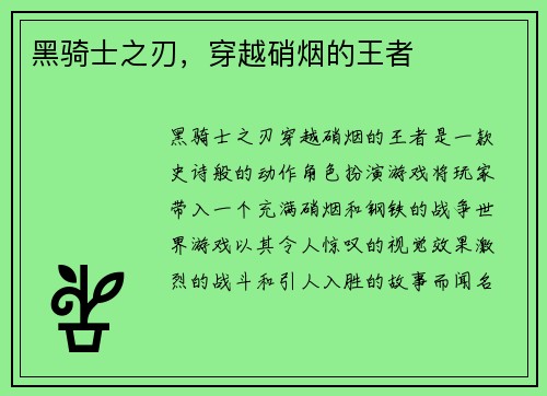 黑骑士之刃，穿越硝烟的王者